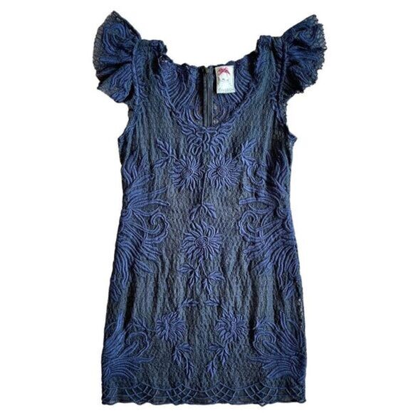 YOANA BARSSCHI Navy Blue Lace Semi Sheer Designer Mini Dress Women’s Size Small - Picture 1 of 9